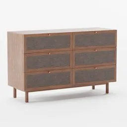 High-detail 3D model of a dark wooden dresser with fabric drawers, suitable for Blender rendering.