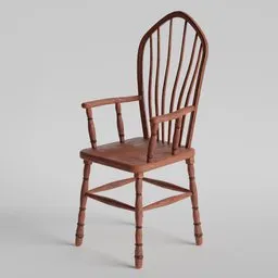 Detailed 3D model of a classic wooden chair with vertical slats, armrests, and turned legs, designed for Blender rendering.