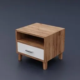 Detailed wooden 3D model of a bedside table with drawer, optimized for Blender rendering.