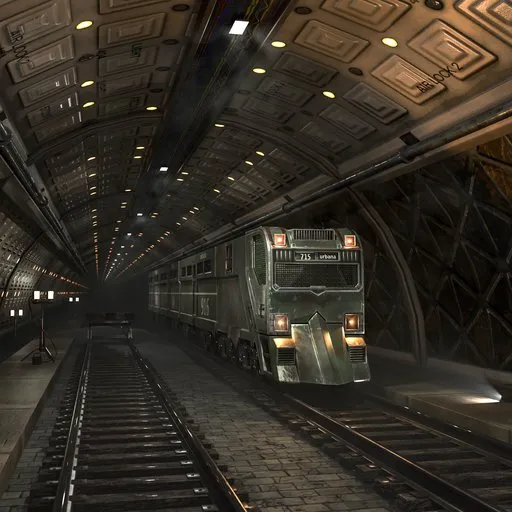 Detailed 3D sci-fi tunnel with futuristic train created in Blender, showcasing array modifier usage.