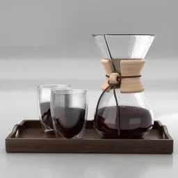 Detailed 3D render of a coffee set with Chemex decanter and Bodum glasses on a wooden tray for Blender artists.
