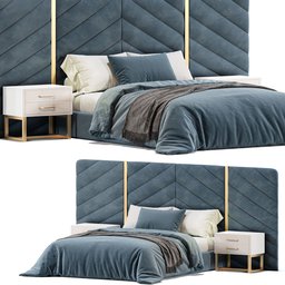 "3D model of a grey and gold Bed MASSIMO with headboard and night stand, inspired by Bernardo Daddi, rendered in high-quality cycles by cazarina. Measures 215x300x100H in centimeters with 344,375 polys and applied scale. While the bed is positioned on the right, the promotional render showcases both front and back views of this hexagonal shaped bed against blue wall vault."