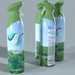 "High-resolution 3D model of an Air Freshener Spray with a green label, placed on a table against a deforested forest background. This Blender 3D utility model showcases innovative product design inspired by Paul Feeley, featuring a natural and organic concept, perfect for adding ambiance and controlling odors in any space."