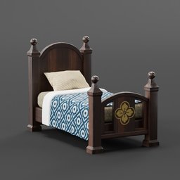 "Fantasy bed with blue and white blanket in medieval style, ideal for decorating fantasy scenes. High quality product image in Blender 3D. Features wooden elements and stylized flowers."