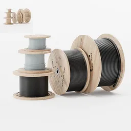 "Set of 5 wooden cable drums in varying sizes (800mm - 1800mm) for agriculture use, available with or without cable. Designed in Blender 3D, these drums feature a rustic wooden texture perfect for farm or industrial scenes."