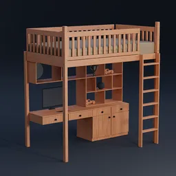 "3D model of a stylish and functional kids' bedroom featuring a wooden bunk bed with a desk underneath and various wooden art toys. Inspired by Mary Abbott, this Blender 3D model showcases a well-designed space with a suitable table and comfortable bed for children."