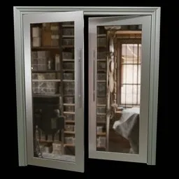 Realistic 3D model render of a hinged double metal door with translucent glass windows for Blender artists.