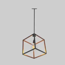 Elegant 3D-rendered geometric cube-shaped ceiling lamp with warm glowing bulb, ideal for modern home or commercial interiors.