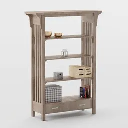 Detailed wooden bookcase 3D model with shelves and decorations, created in Blender.