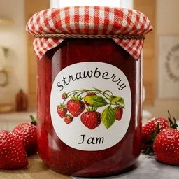 "3D model of strawberry jam with checkered lid, perfect for interior kitchen scenes in Blender 3D. Highly-detailed with labels, created by Terry Davis and Simon Bosley, and procedurally generated for a clean render. Subdiv friendly for ease of use."