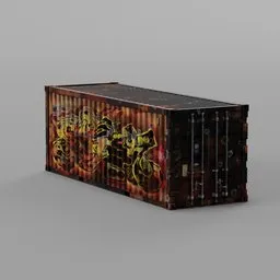 Rustic low-poly 3D model of a graffiti-tagged shipping container, ideal for Blender game design.