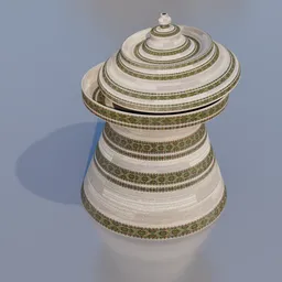 "3D model of a traditional Ethiopian 'Mesob' cultural object for Blender 3D, featuring intricate fabric textures and bronze headdress inspired by Stanley Bahe and Bhutanese architecture design."