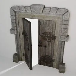 3D render of a low-poly, textured medieval-style double door with stone arch for Blender modeling