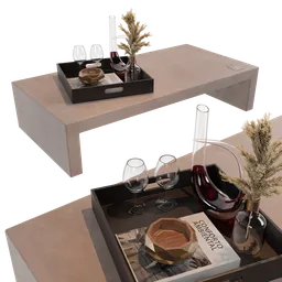 Realistic 3D model of a modern concrete rectangle coffee table with accessories, perfect for Blender renderings.