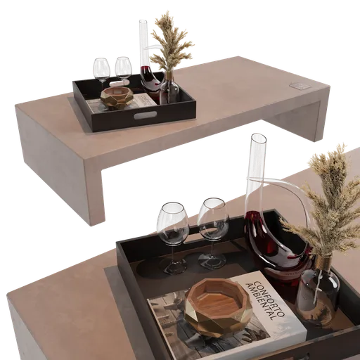Realistic 3D model of a modern concrete rectangle coffee table with accessories, perfect for Blender renderings.