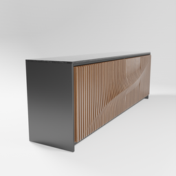 "Wooden office storage sideboard with unique wave-like solid oak slat facade and black or white structure. Inspired by Sacha Lakic's iconic Speed Up design and featuring crisp contour lines and detailed elm tree texture. 3D model created in Blender 3D software."