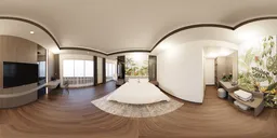 360-degree bright modern hotel bedroom HDR with natural lighting, white furniture, wooden floor, and cozy decor.