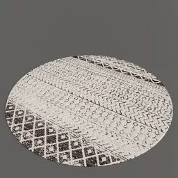 Detailed 3D rendering of a textured round carpet with a distressed black and white design, suitable for Blender projects.