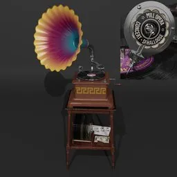 Detailed 3D model of a historic Mill Opera gramophone with animations and accessories, suitable for close-ups in Blender.