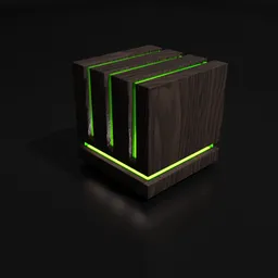 "Wooden box with green lights, a highly detailed 3D model made in Blender 3D by FGNR. Inspired by video game icons and designed by Oton Iveković, this Luminary Gamer is perfect for game enthusiasts. Octane render and solid shape logo give it an award-winning design."
