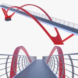 High-resolution Blender 3D model of a red and grey suspension pedestrian bridge with detailed textures and clean topology.