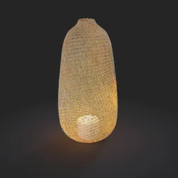 "Straw pitcher-04: Decorative candle lamp in white vase with knitted mesh material, showcasing highly detailed soft lighting and golden dappled dynamic lighting. Perfect for bedroom, office, or recreation areas. 3D model for Blender 3D."