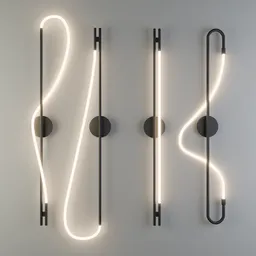 "Neon Wall Light Collection for Interior Archiviz in Blender 3D software. Topological renders of three lights, including neon music notes and a long stick, rendered in realistic black on white line art with connecting lines. Infinitely long corridors accentuated with flowing streams from the wall. By Christian Hilfgott Brand, rendered in Redshift by Hicham Habchi at H 1088."