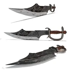 "Three views of a Witcher-inspired sword with a hooked blade and rusted metal texture, modeled in Blender 3D. This Giant-scale weapon features Romanized al-ka'bah script and a side view of a gaunt. Perfect for 3D marketplace listings or recreating Eren Yeager's signature weapon."