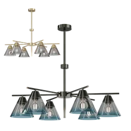 "Industrial Chandelier with Glass Shades - 3D Model for Blender 3D. Award-winning render designed by Peter Fiore in dark teal lighting, with stunning triangular formation and ice color scheme. Perfect for your ceiling light project."