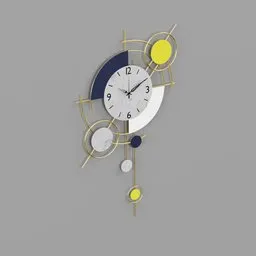 "Decorative luxury wall clock 01 - a stunning 3D rendering featuring yellow and blue design, art-deco style, and modern art illustration. Perfect for contemporary and directoire style interiors. Created with Blender 3D, 2019."
