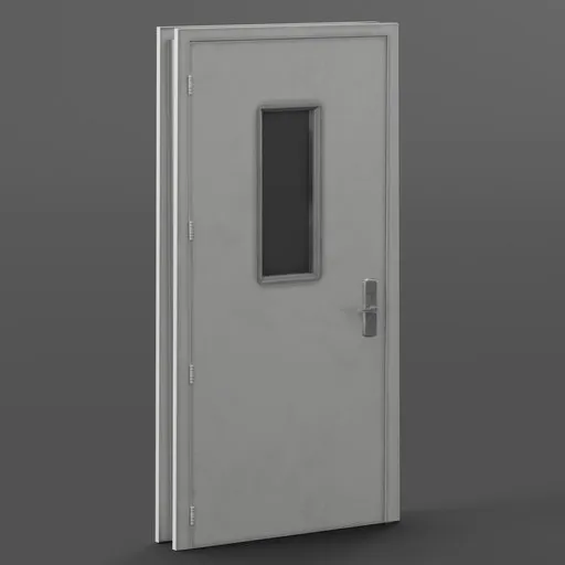Realistic 3D industrial door model with window, ideal for Blender rendering and architectural visualization.
