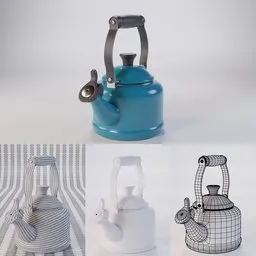 Highly detailed Blender 3D model of a blue kettle with wireframe, realistic shading, and texture preview.