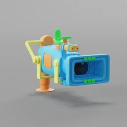 "Low poly architecture 3D model of a toy camera in blue and green colors, inspired by Fisher Price and Adrian Zingg, perfect for Blender 3D software. Featuring a fish-eye lens, binoculars, and cogwheel details, ideal for concept art and weapon design projects."