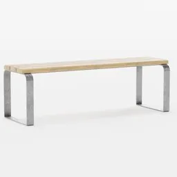 Modern 3D-rendered bench with wooden seat and metal legs, compatible with Blender for animations and visualizations.