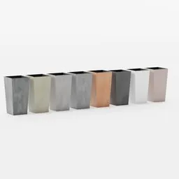"Flower Pots Collection - 3D Model for Blender 3D: Featuring five colorful vases in a row on a reflective concrete surface, this high-resolution render showcases the 'Luca' series of flower pots. With deep colors, dark shadows, and a touch of elegance, this official product image is perfect for your 3D projects."