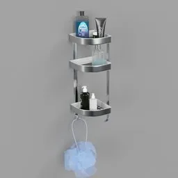"IKEA BROGRUND 3 tier bathroom steel corner wall shelf (shower rack) 3D model for Blender 3D. The model includes shampoos, creams, washcloth, and other bathroom accessories. Perfect for creating realistic bathroom scenes."