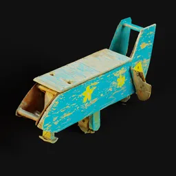 "Vintage playground swings featuring a wooden toy airplane with hand painted textures and a post-apocalyptic feel. Photo scanned and optimized for seamless integration into any scene. Ideal for Blender 3D modeling with optimized geometry and high-quality baked normal map."