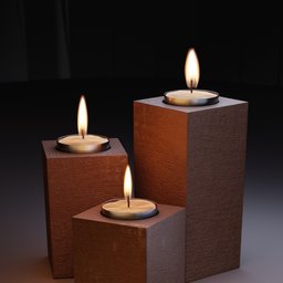 "Decorative 3D candles crafted with wood and metal, perfect for enhancing the ambiance of homes. This Blender 3D model showcases a trio of candles placed on a block, emitting a warm hue and creating a cozy atmosphere. Ideal for home decoration and fire-themed artistic projects."