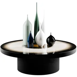 Elegant 3D modeled round table with reflective surface and decorative vases, perfect for Blender 3D bedroom scene.