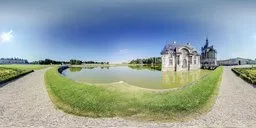 Sunny HDR panorama featuring a European building beside a lake, viewed from a gravel path, perfect for realistic scene lighting.