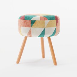 "Colorful hexagonal pouf with wooden legs, made of velvet cloth - perfect for interior decoration. 3D model created with Blender 3D software."
