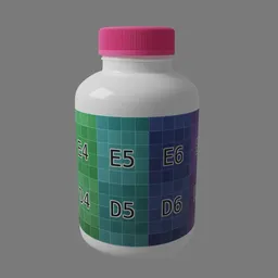 "Flacon for Pills with Cover" - 3D model created in Blender 3D for pharmacy category. The model features a bottle of vitamin pills with a pink cap and medical labels. Perfect for realistic pharmaceutical product visualization.