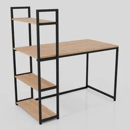 3D-rendered wooden desk with metal frame and shelving, for Blender design use.