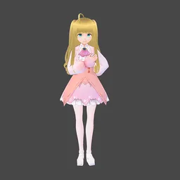 "Blender 3D model of a Princess Anime Character with a dress and hair rig, featuring a pink dress, blonde hair, and holding a pink flower. This 3D asset, created by Helen Thomas Dranga, portrays a young woman with an anime visual, ideal for game development and path-based rendering."