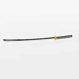 Detailed Blender 3D model showing a classic Japanese katana with a black and gold handle.