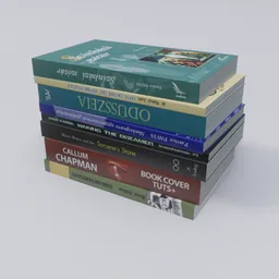 "Close-up view of a stack of eight book models with detailed textures, perfect for literature scenes in Blender 3D. Covers feature British-inspired designs and are ready to use in rendering and game development. Created using Autodesk 3D rendering software and Rhino rendered with bump maps."