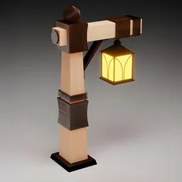 3D Blender model of a classic wooden lamp post with metal lantern, ideal for virtual lighting design.