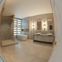 Elegant 3D-rendered bathroom with modern fixtures, designed in Blender for creative uses.