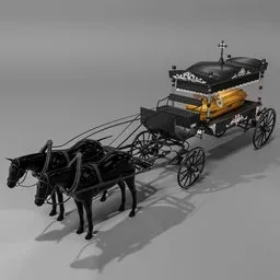 "Rausch funeral horse-drawn carriage 3D model for Blender 3D – a historic vehicle design from 1890, perfect for character deaths and burial scenes. This monochrome model features a carriage attached to a horse with intricate harness details, following the Rausch carriage factory's original design. Use your own horses for a realistic portrayal of the funeral scene, with elements like caskets, arcana, and marigold adding to the gothic aesthetic."