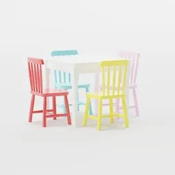Colorful kids' 3D table & chairs, Blender optimized, realistic textures, Espanha model, solid wood & MDF construction.